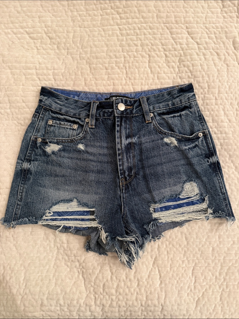 BDG distressed denim shorts, bandana patch
